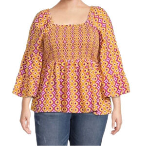 TERRA & sky Bell Sleeve Geometric 70’s Shirred Bodice Top